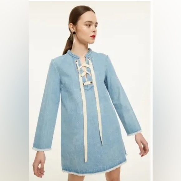 Sugar Lips Light Blue Denim Long Sleeve Mini Dress/Unfinished Hem/Tie Top/Size M - Picture 2 of 5
